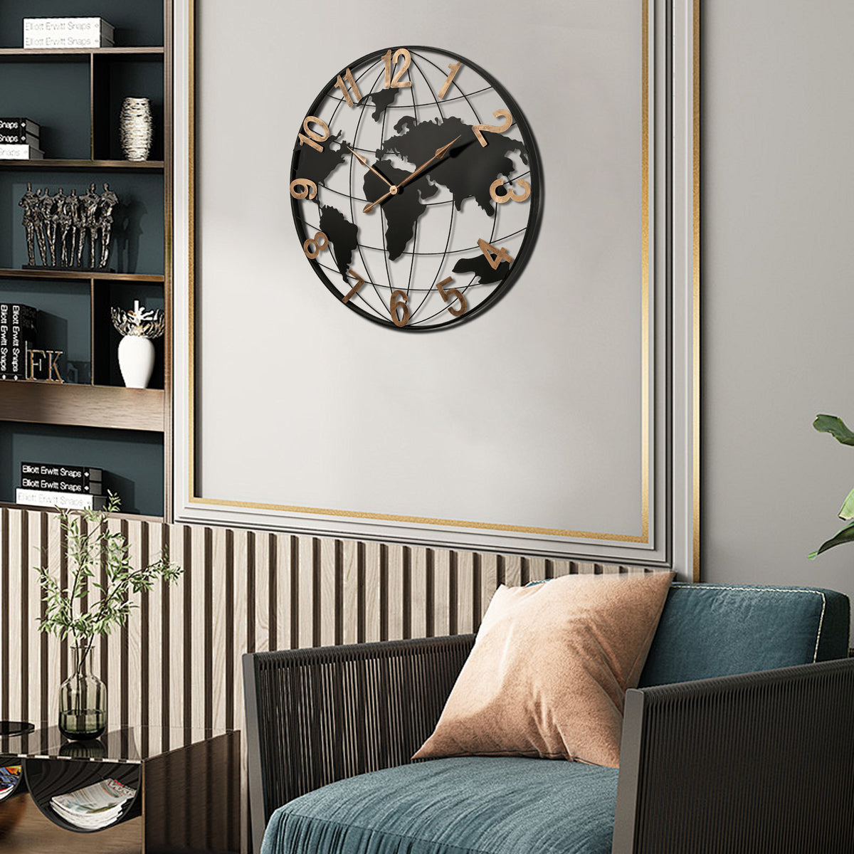 36 Inch World Map Metal Wall Clock, Black and Gold, Silent – image 4