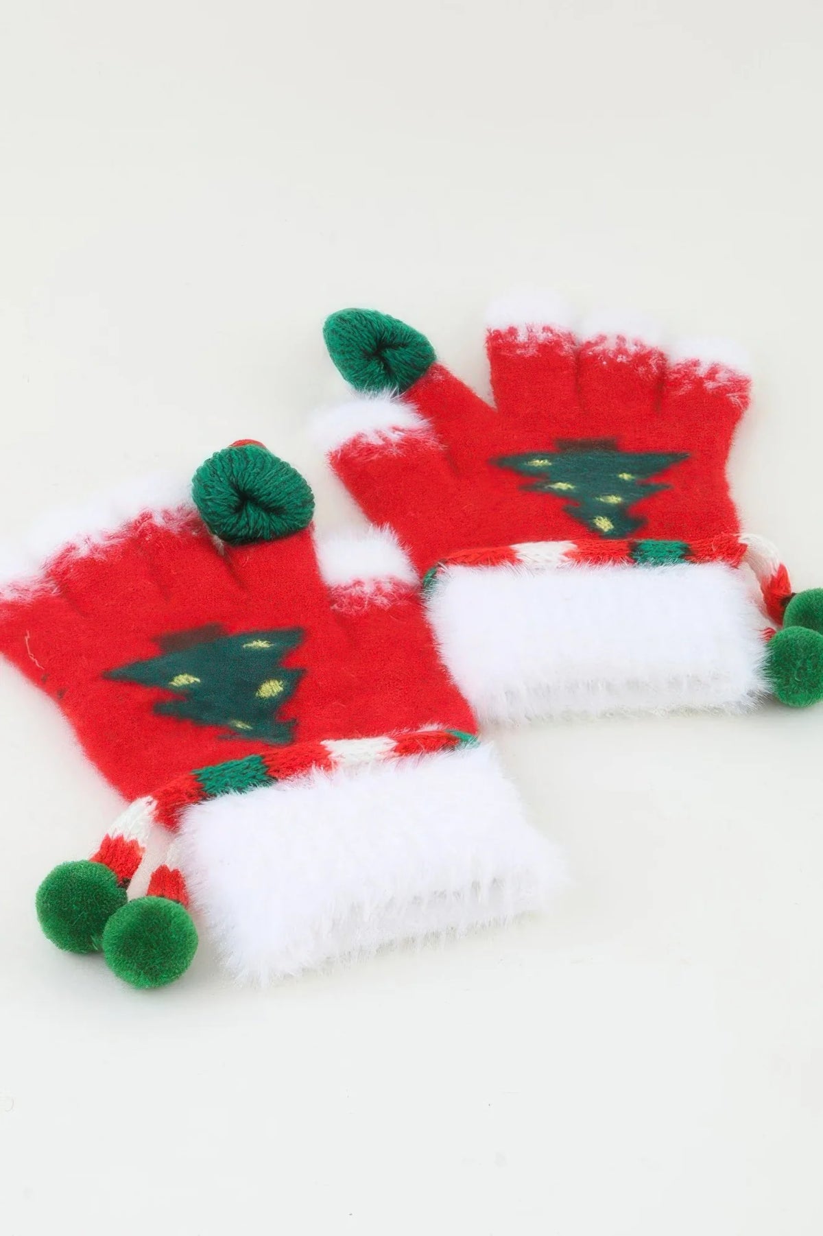 Christmas Tree Knit Gloves with Pom-Poms – Red