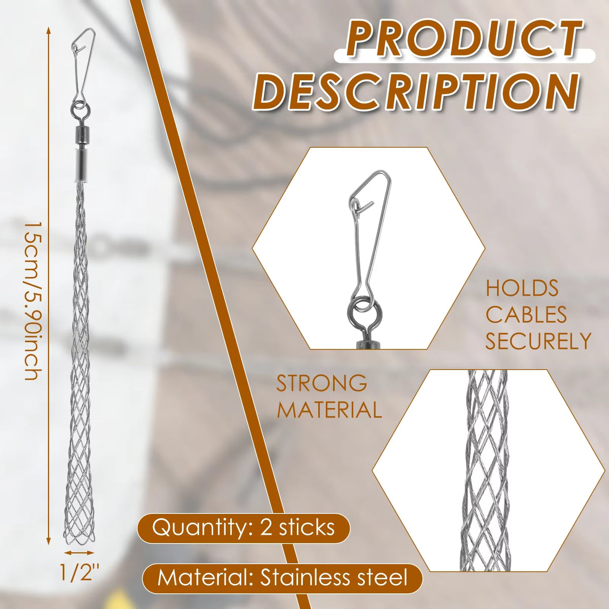Electrician Cable Pulling Grip, Stainless Steel Mesh Wire Sock 2-Pack