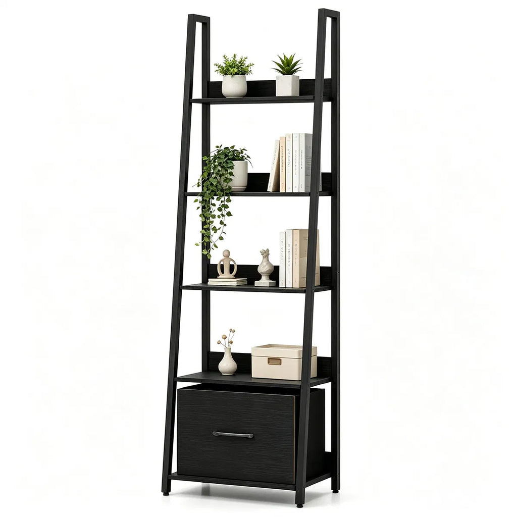 5-Tier Ladder Shelf with Fabric Drawer, Narrow Bookshelf, Black – image 6
