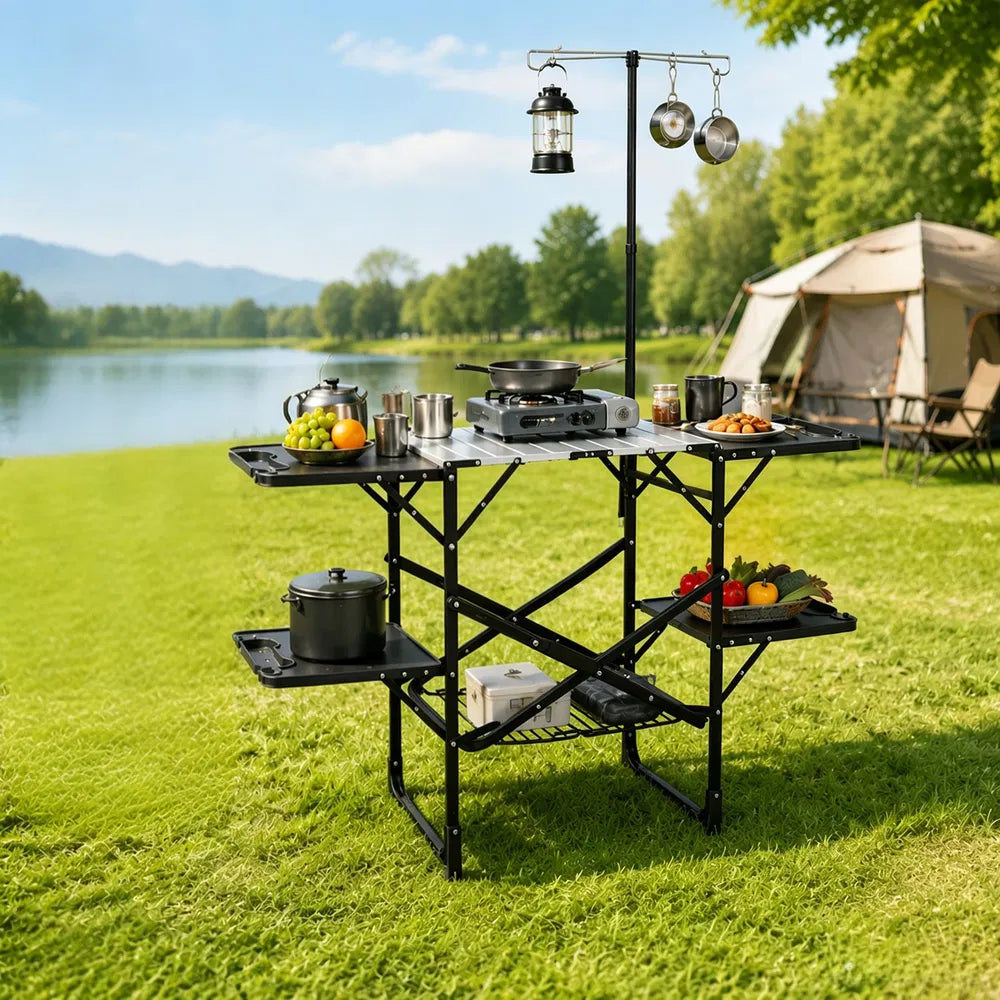 Folding Camp Kitchen Table with Lantern Pole and Side Trays
