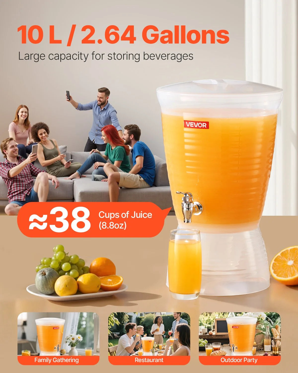 Drink Dispenser 2.64 Gal, Plastic Beverage Dispenser with Spigot – image 5