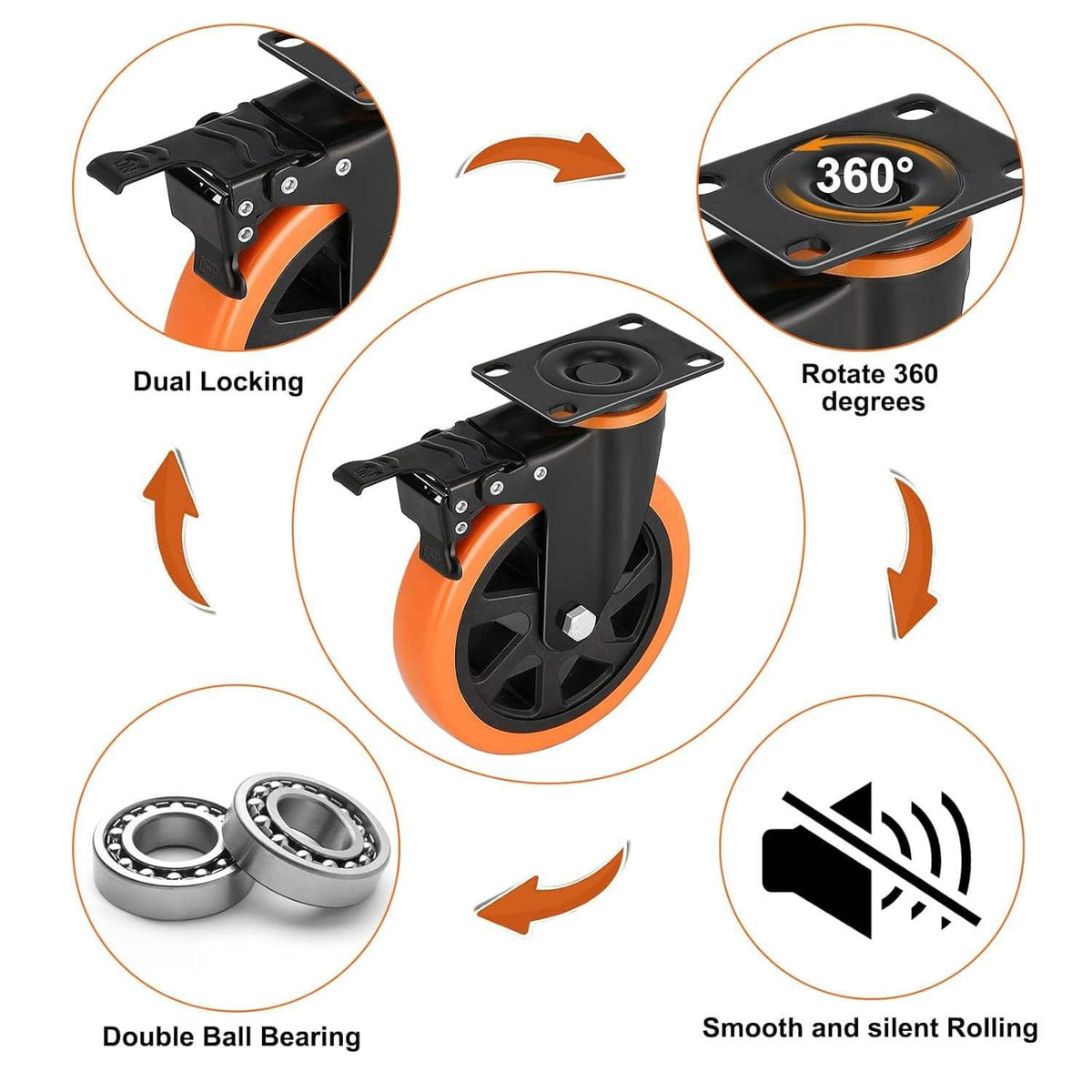 Work Cart Caster Wheels 6 in, Set of 4, 1390 lb, Dual Locking Brakes – image 5