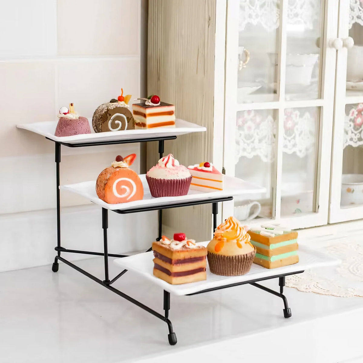 3-Tier Serving Tray Stand, Melamine Platters with Metal Dessert Stand – image 2
