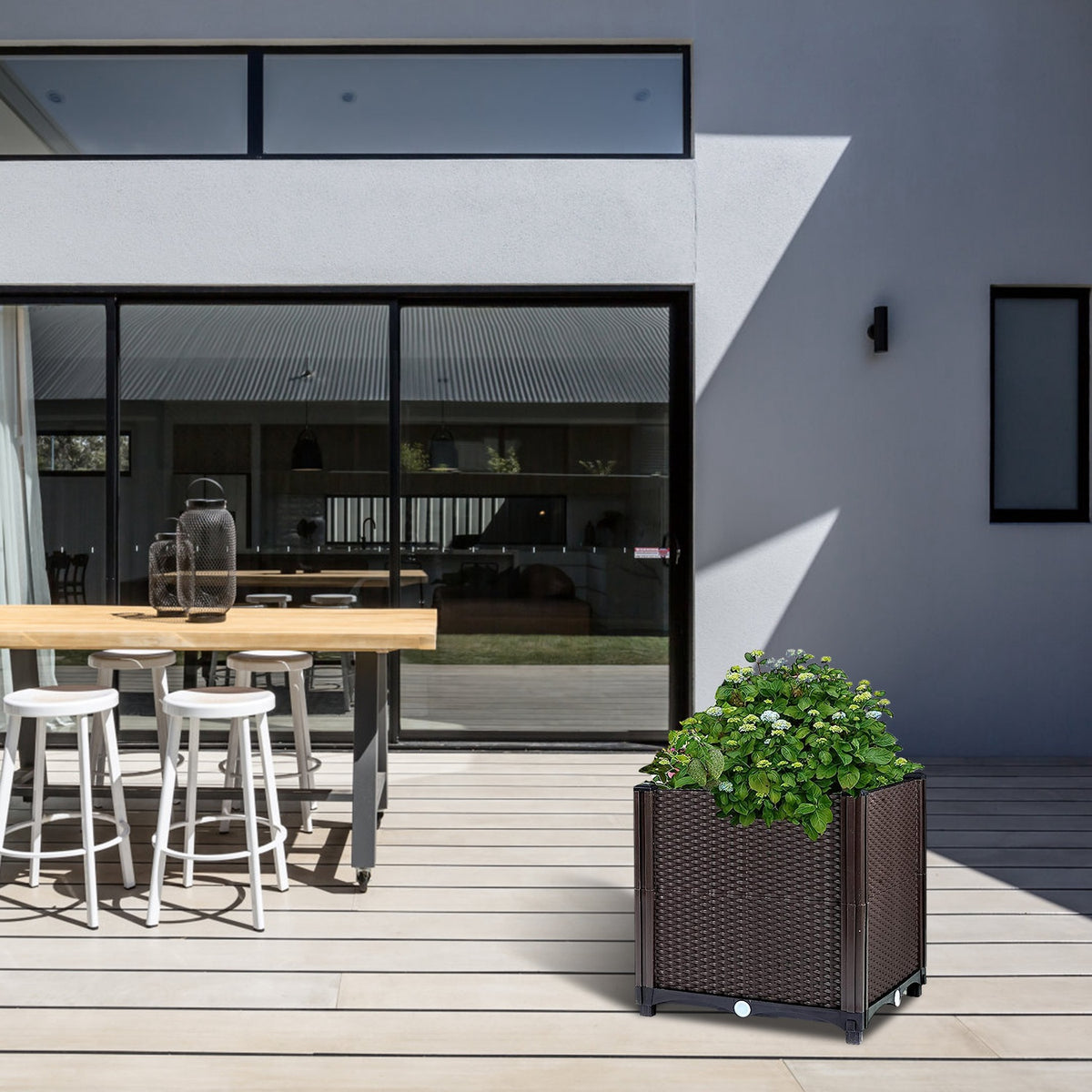 Self-Watering Square Planter Box, 12 in Rattan-Look Raised Garden Bed – image 4