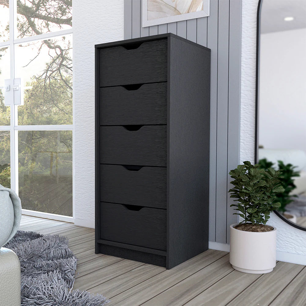 Narrow 5-Drawer Dresser, Black Wood Finish Bedroom Storage Chest