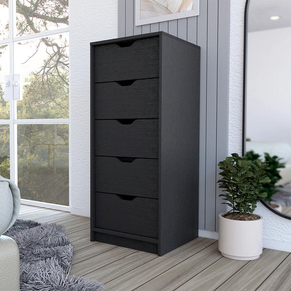 Narrow 5-Drawer Dresser, Black Wood Finish Bedroom Storage Chest