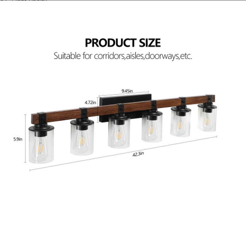 42 Inch Rustic 6-Light Vanity Light with Glass Shades and Wood Accent – image 2