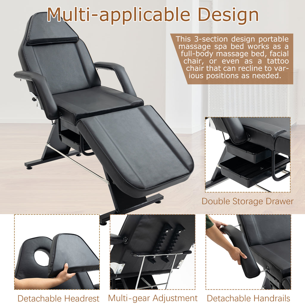 Tattoo and Facial Chair with Hydraulic Stool, 3-Section Salon Bed – image 5
