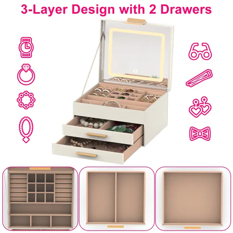 Jewelry Box with LED Mirror, 3-Layer Organizer with 2 Drawers – image 6