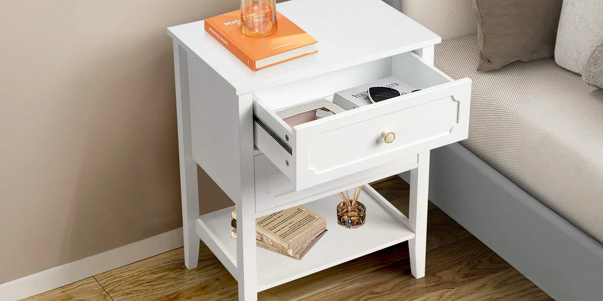 Solid Pine Wood Nightstand with 2 Drawers and Shelf, White