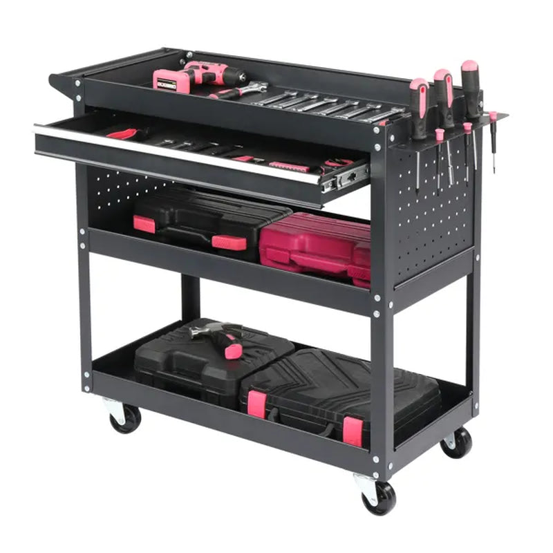 Welding Shop 3-Tier Rolling Tool Cart with Pegboard & Drawer
