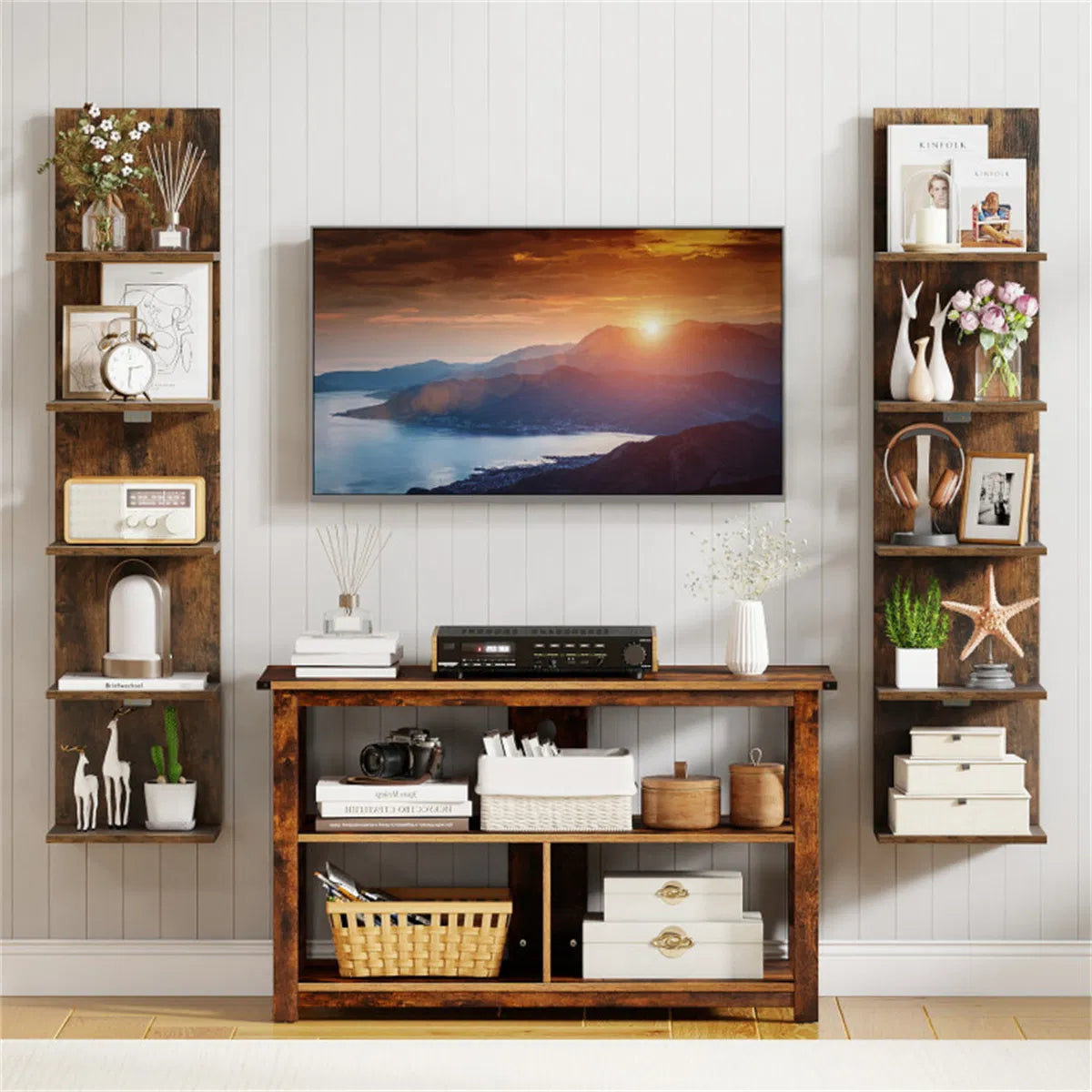 Floating Wall Shelf 5-Tier Rustic Wood Vertical Display Rack – image 7