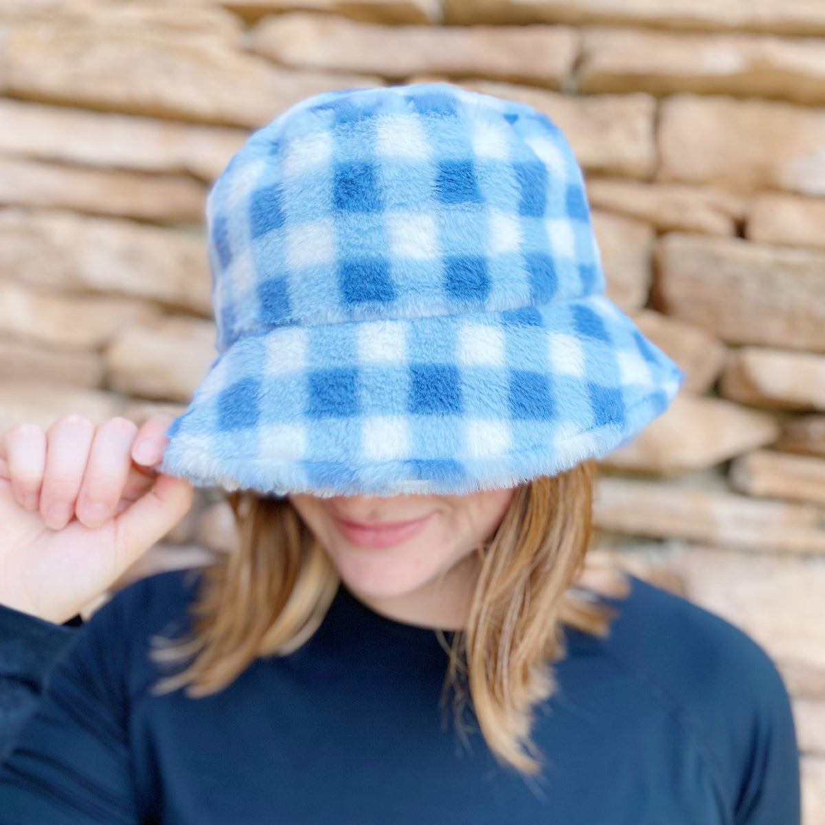 Fuzzy Bucket Hat - Checkered Faux Fur Winter Bucket Hat