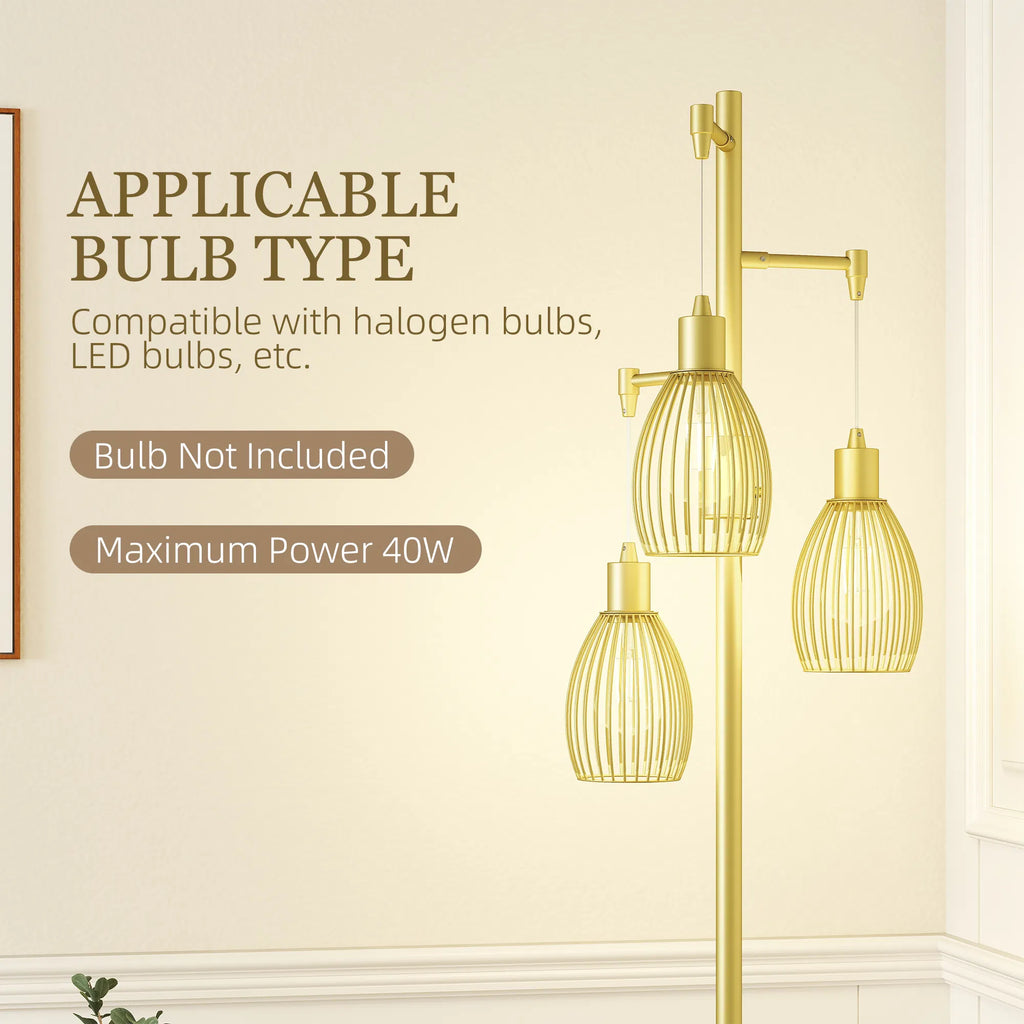 Industrial Floor Lamp with 3 Hanging Cage Shades, Dimmable, Gold – image 7