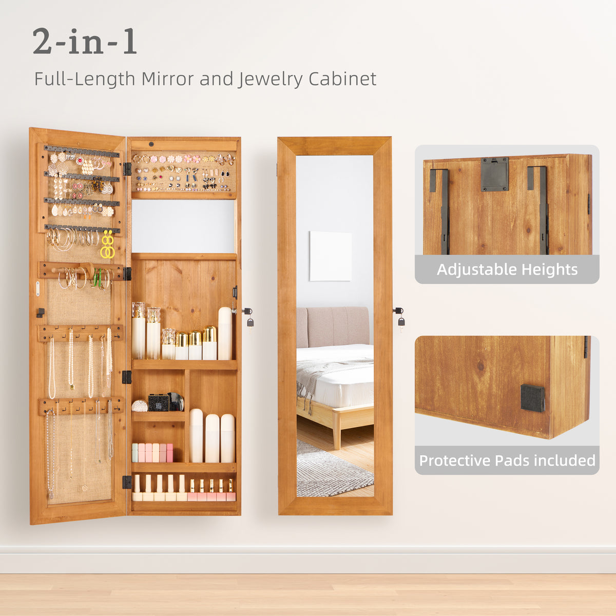 Solid Fir Wood Over-Door Jewelry Cabinet with Full Length Mirror – image 5