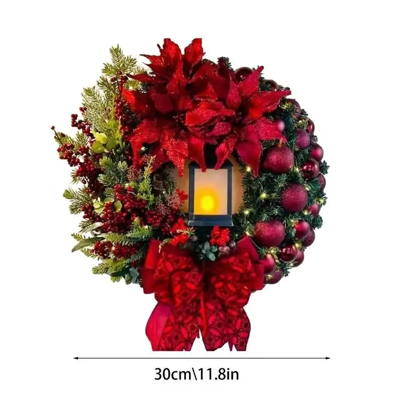 Christmas Lantern Wreath with Large Bow, 12 Inch Front Door Decor