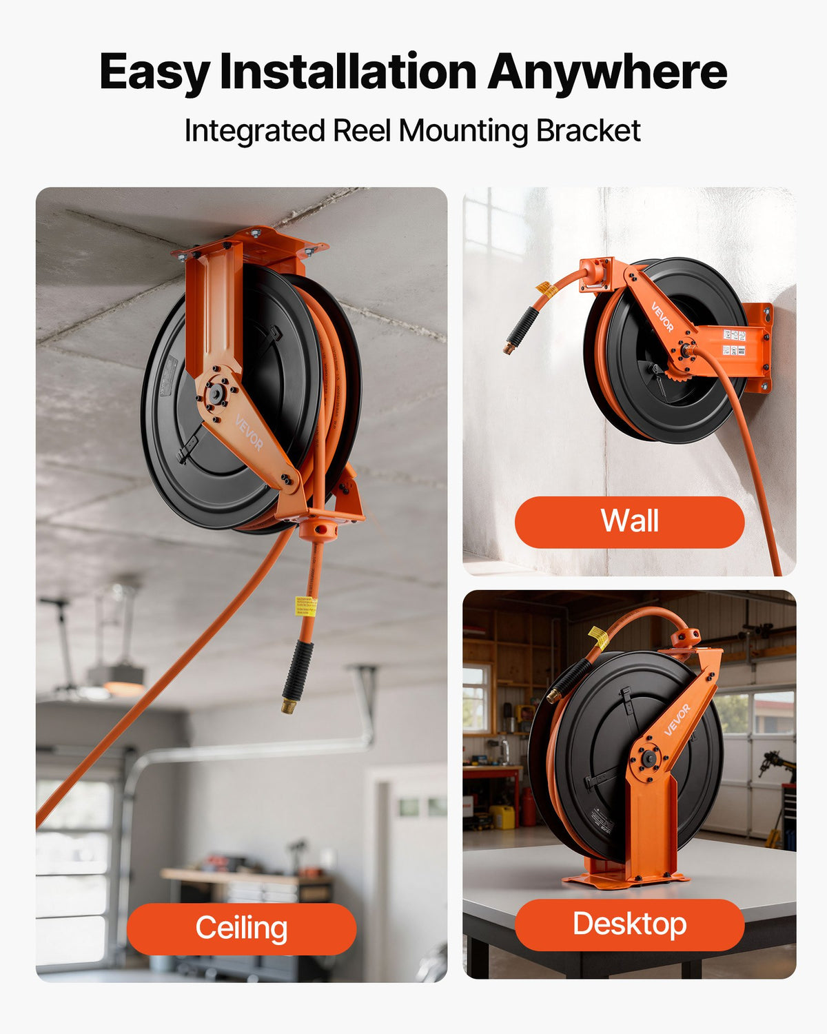 Retractable Air Hose Reel 1/2 in x 50 ft Rubber Hose, Double Arm – image 5