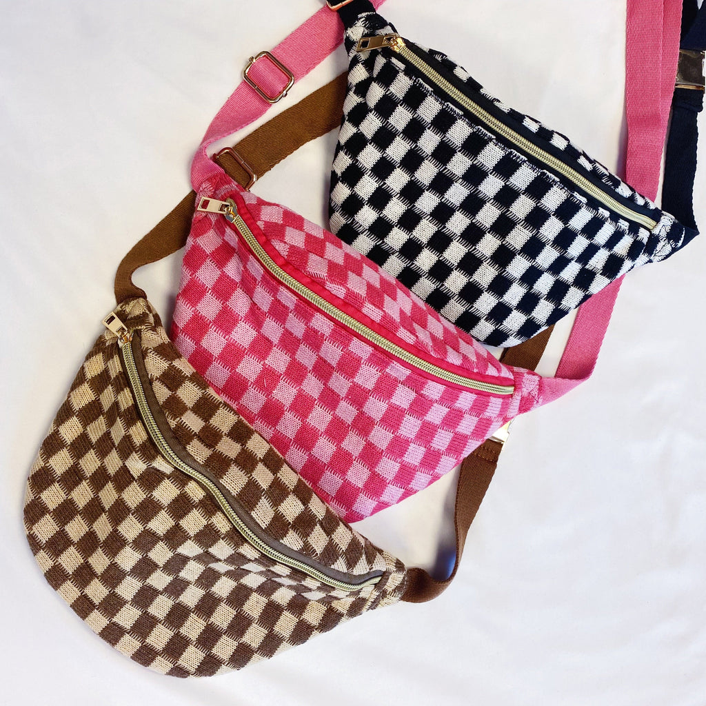 Checkered Knit Belt Sling Bag – Crossbody with Gold Hardware – image 20