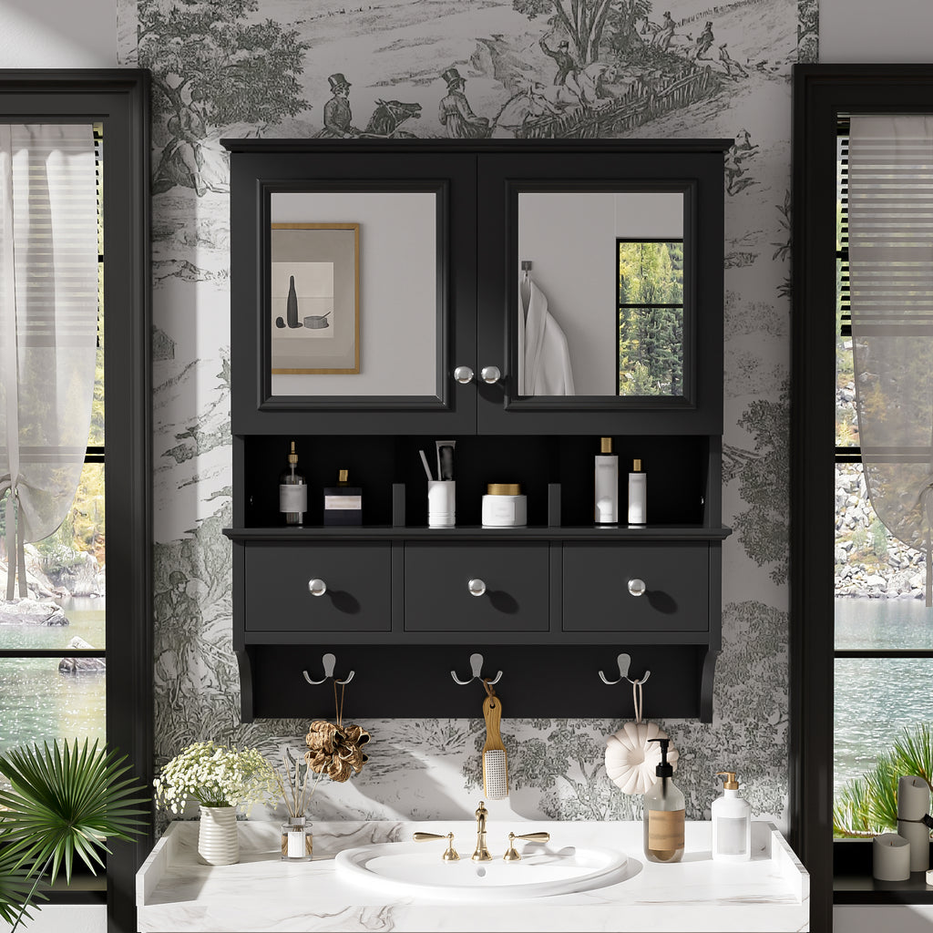 4-in-1 Bathroom Mirror Cabinet 24 in with Drawers and Hooks, Black – image 3