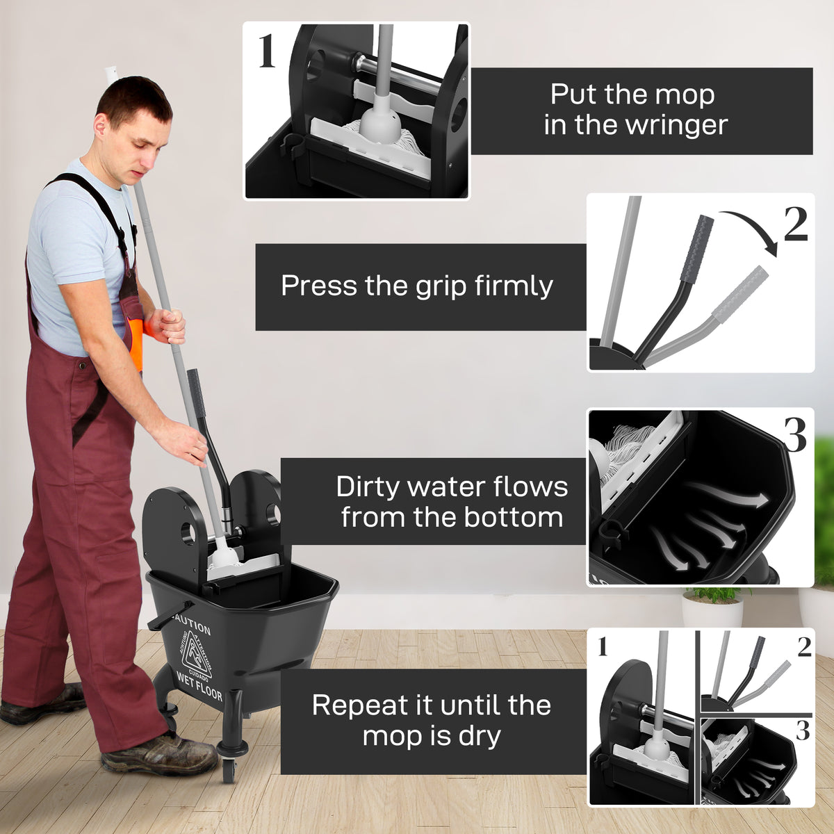 Mop Bucket with Down-Press Wringer on Wheels, 27.5 Qt with Mop – image 5
