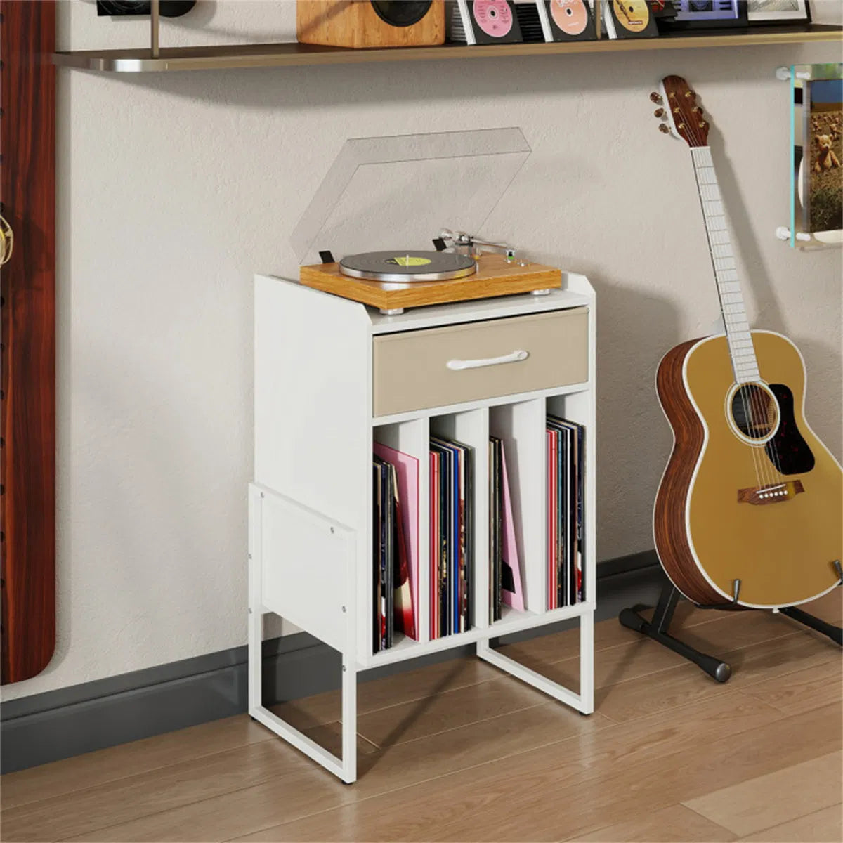 Record Player Stand with Vinyl Storage and Fabric Drawer – White