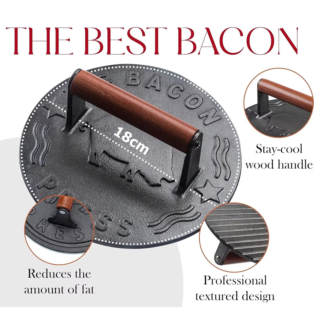 Bacon Press, Cast Iron Grill Press with Wood Handle for Steak – image 4