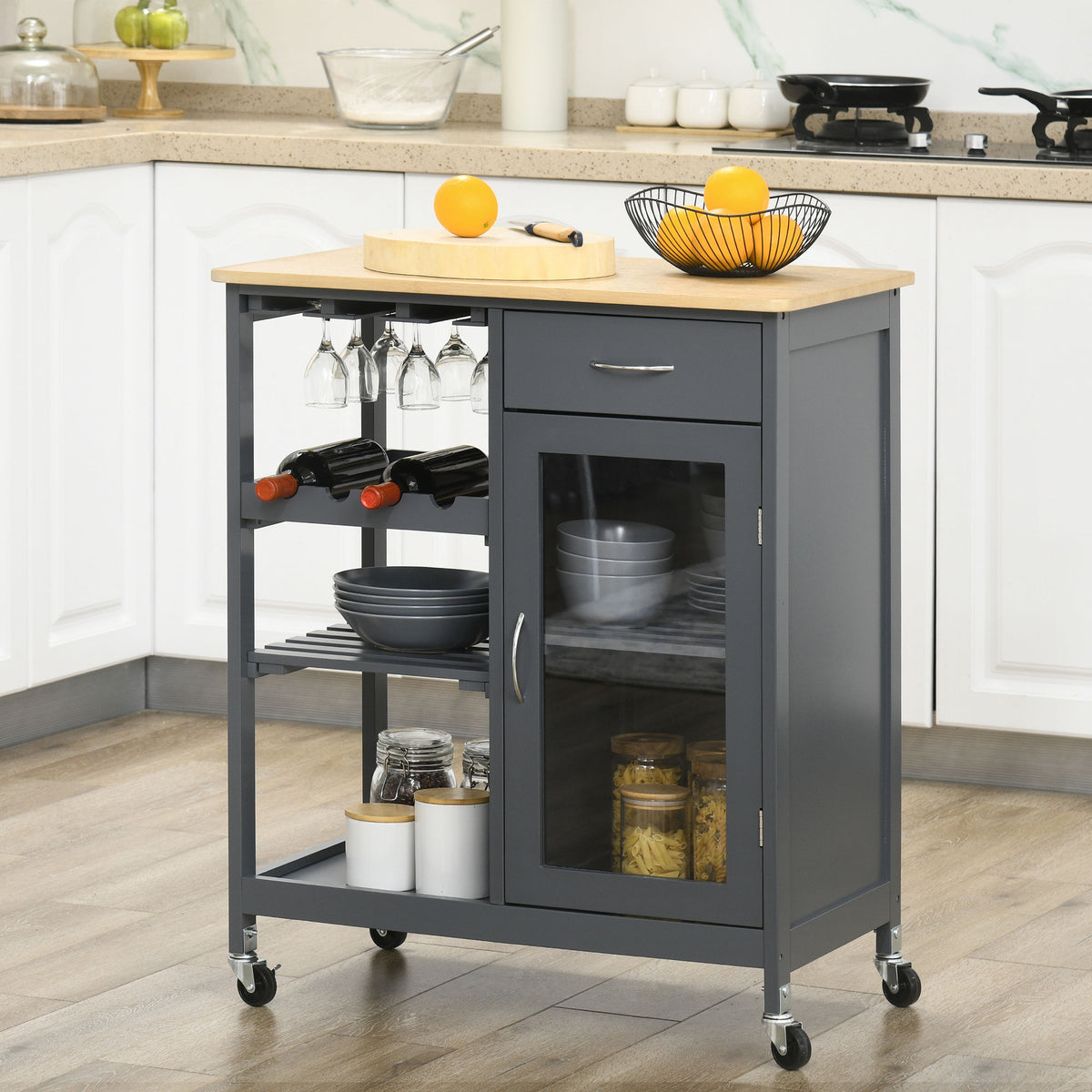 Bar Cart with Wine Rack and Stemware Holder, Rolling, Gray – image 2