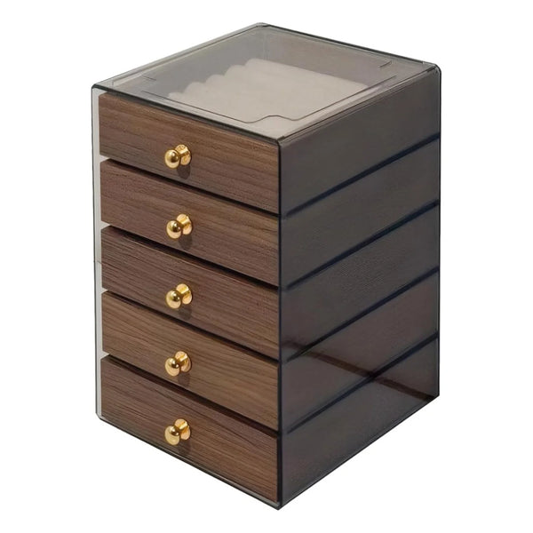 Narrow Walnut Grain 5-Tier Acrylic Jewelry Organizer Box with Velvet Lining for Storage