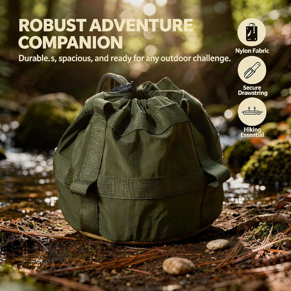 Camping Drawstring Bag – Moss Green Nylon Utility Storage Pouch – image 3