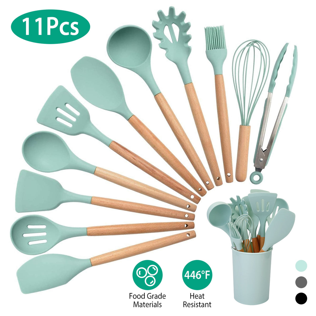 11-Piece Silicone Cooking Utensil Set with Wood Handles and Holder – image 2