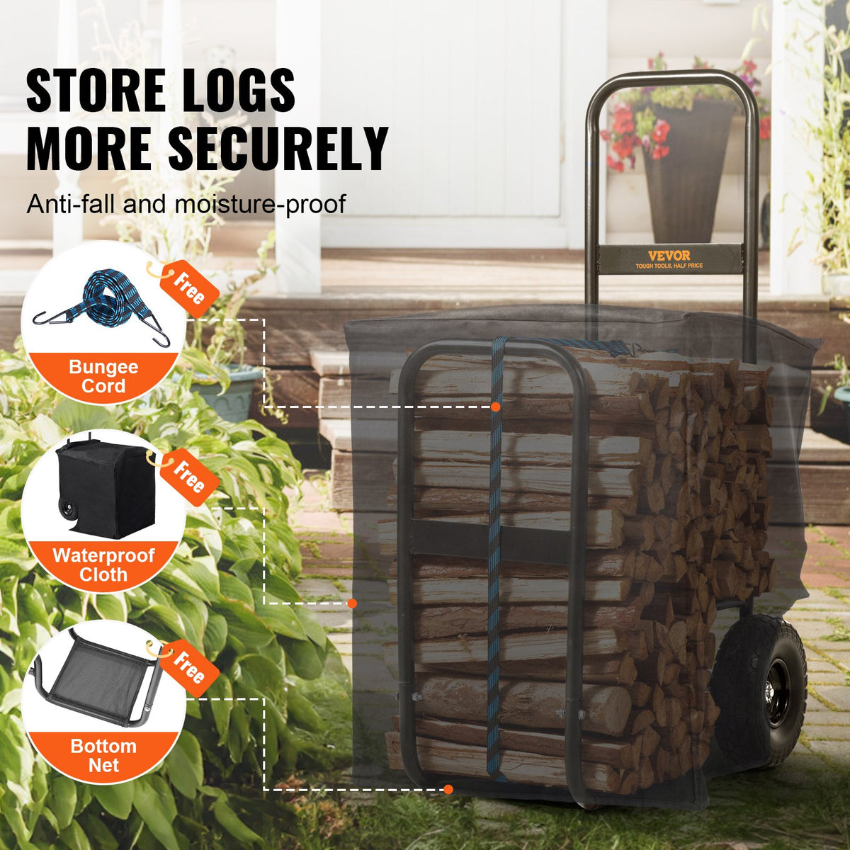 Firewood Log Cart, 250 Lbs Capacity, Outdoor and Indoor Wood Rack Storage Mover with PU Wheels Waterproof Cloth, Heavy Duty Steel Dolly Hauler, Firewood Carrier for Fireplace, Fire Pit, Black
