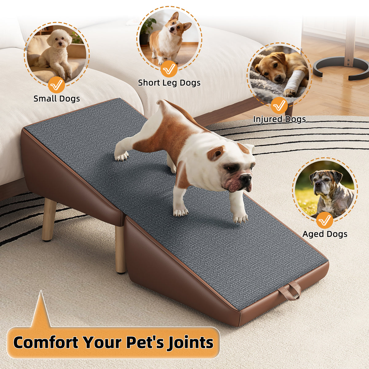 Dog Stairs and Ramp 2-in-1, Wooden Ottoman Pet Steps for Couch, Brown – image 6