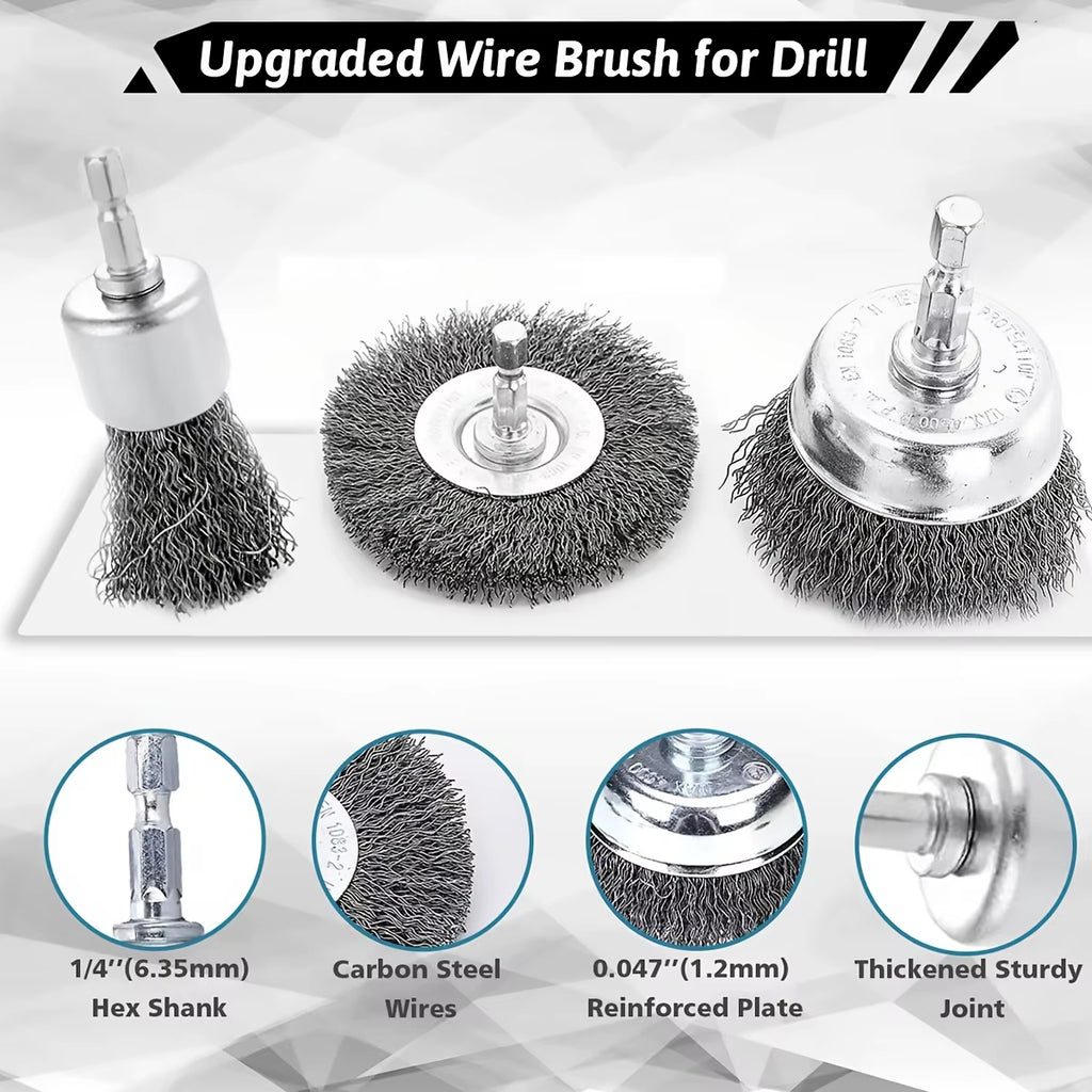 Wire Brush Wheel Set for Drill – 1/4 in Hex Shank, 3 or 10 Pcs – image 7