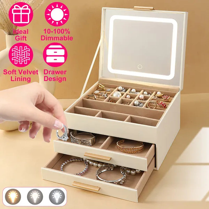Jewelry Box with LED Mirror, 3-Layer Organizer with 2 Drawers – image 3