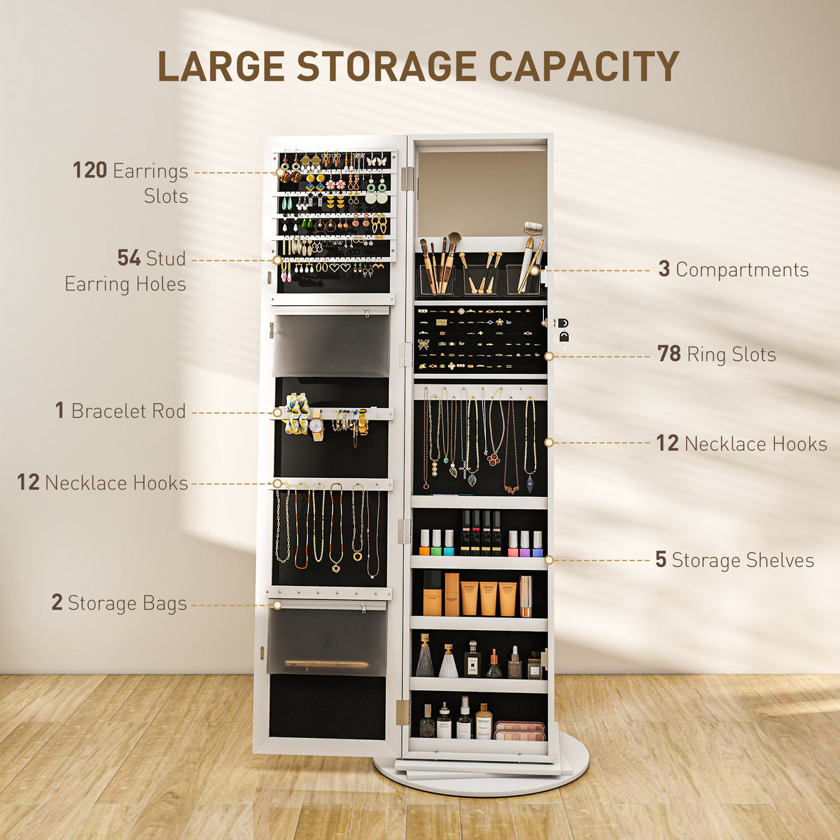 Rotating Standing Mirror Armoire with Magnetic Lock and Back Shelves – image 6
