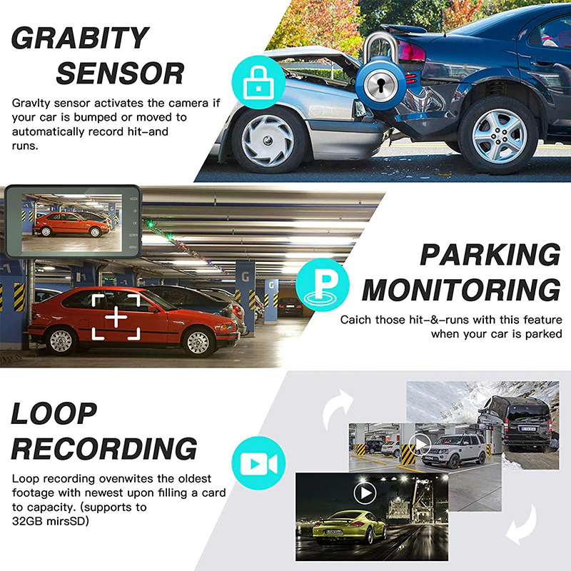 Dash Cam Front and Rear – 4 in Screen, 1296P, Night Vision, G-Sensor