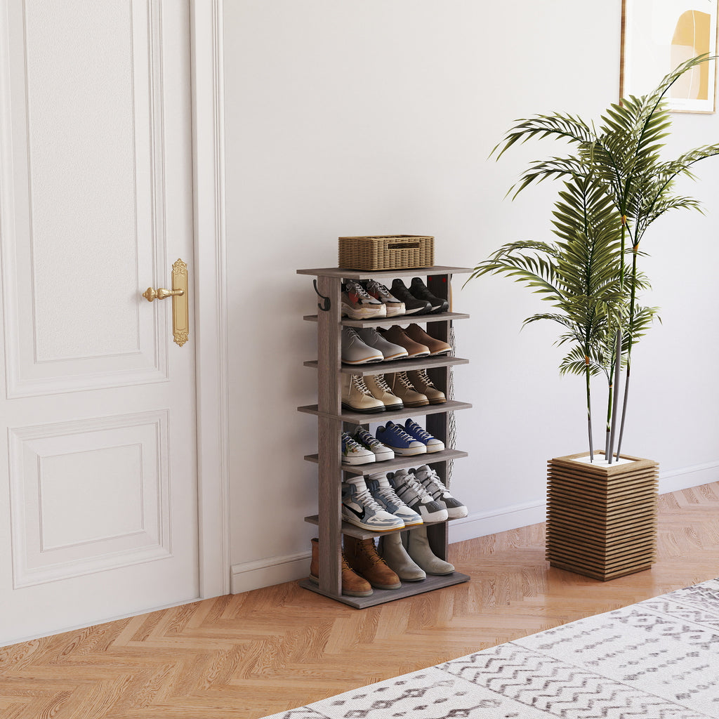 Vertical Shoe Rack, 7-Tier Shoe Tower with Hooks, Rustic Gray – image 5