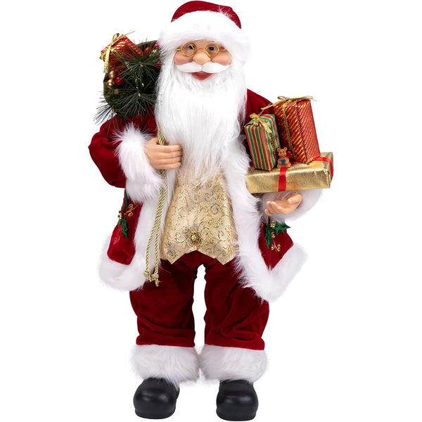 Standing Santa Claus Figure 24 in with Presents, Red Holly Berry