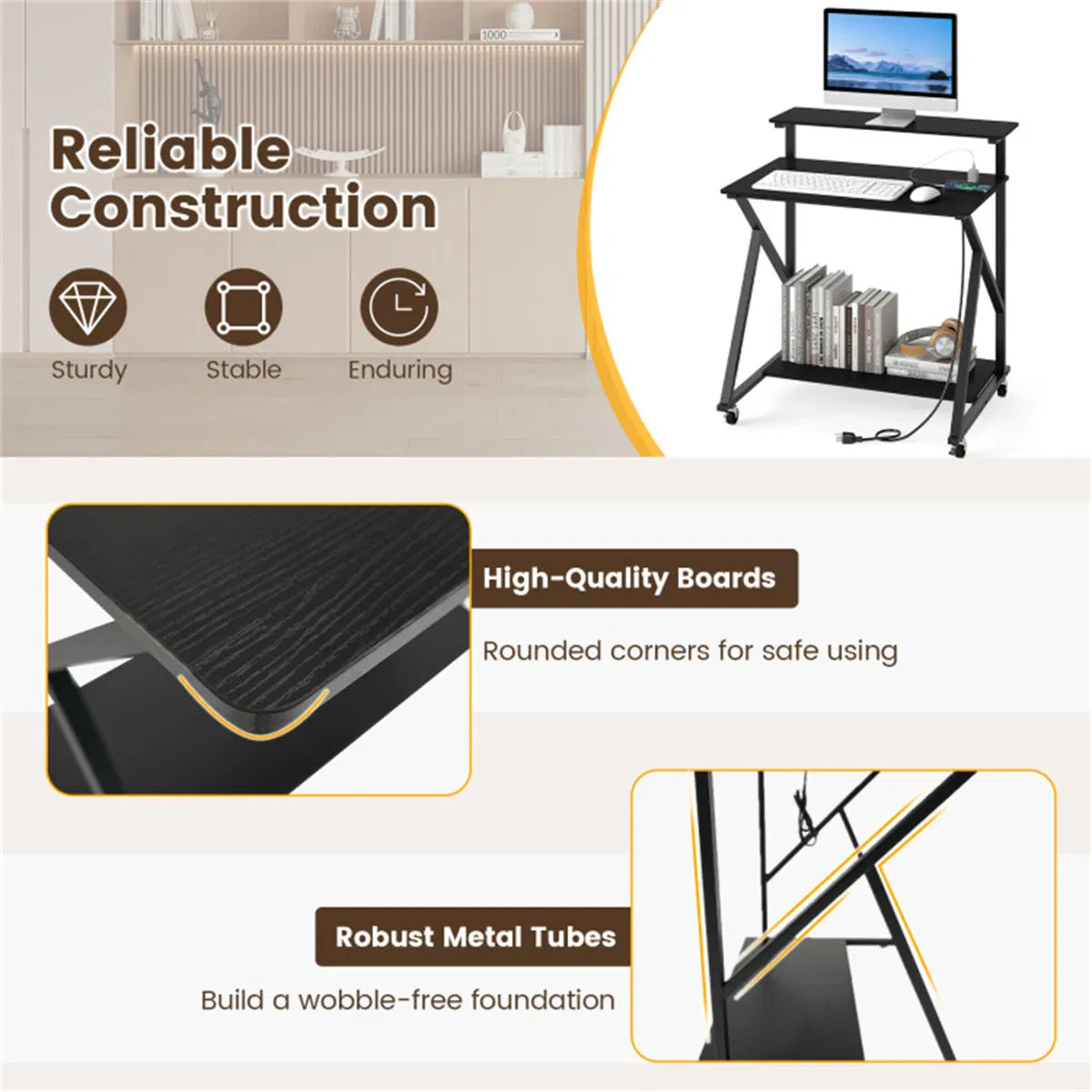 Rolling Computer Desk 32 in with Power Strip and Monitor Shelf – image 6