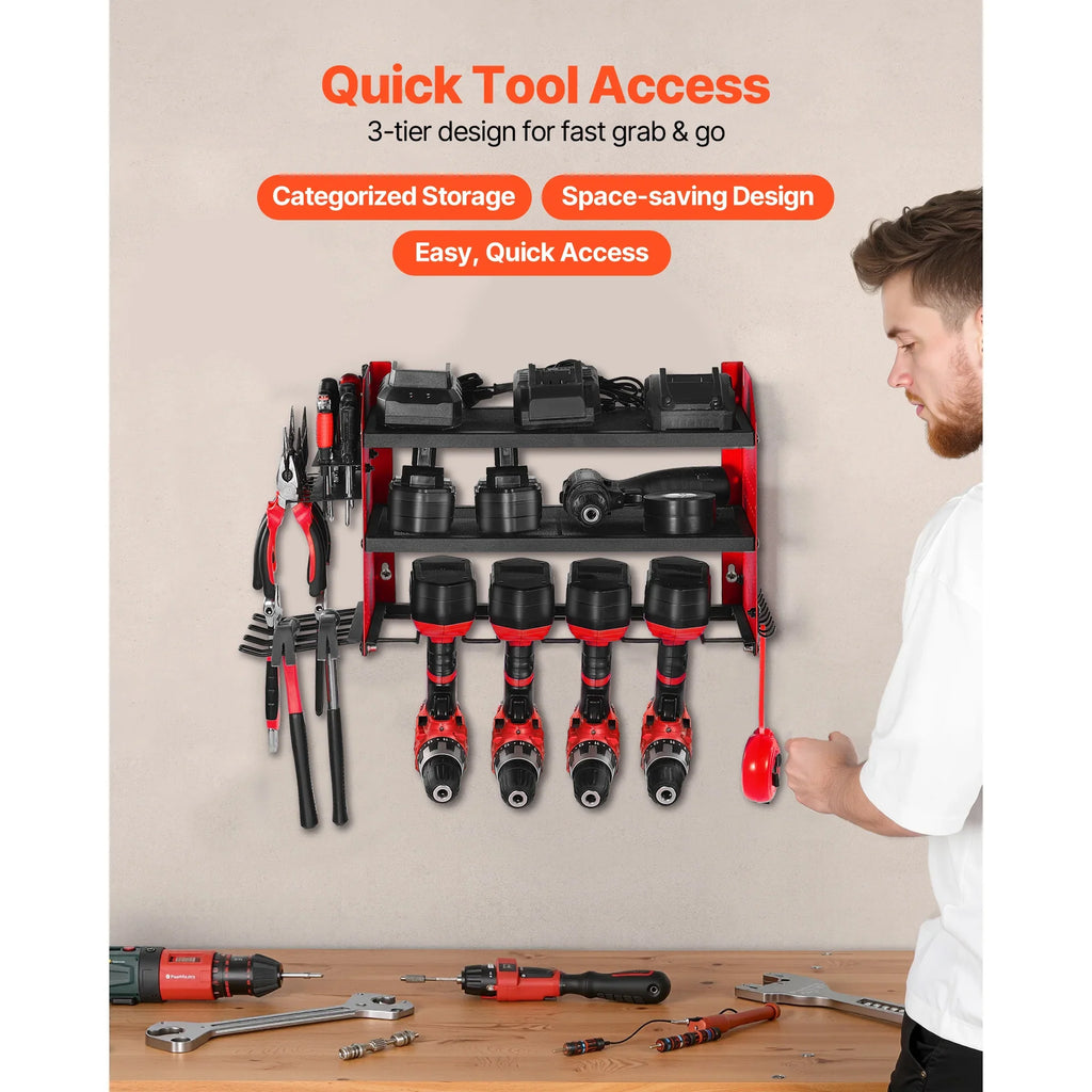 Power Tool Organizer Wall Mount, 3-Tier Drill Rack with Pegboard Sides – image 2