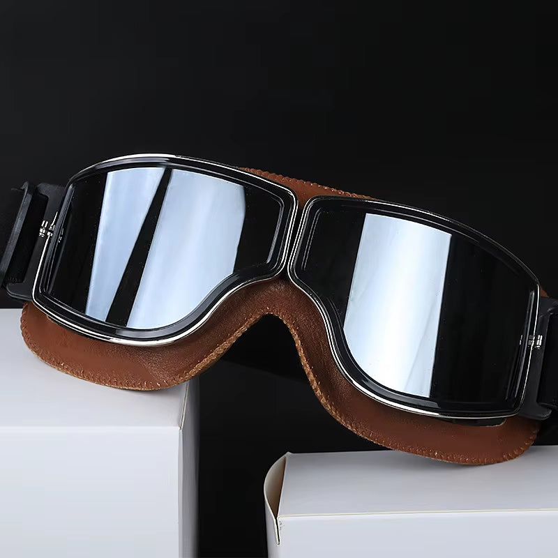 Vintage Motorcycle Goggles, Retro Leather Riding Goggles for Open-Face Helmets