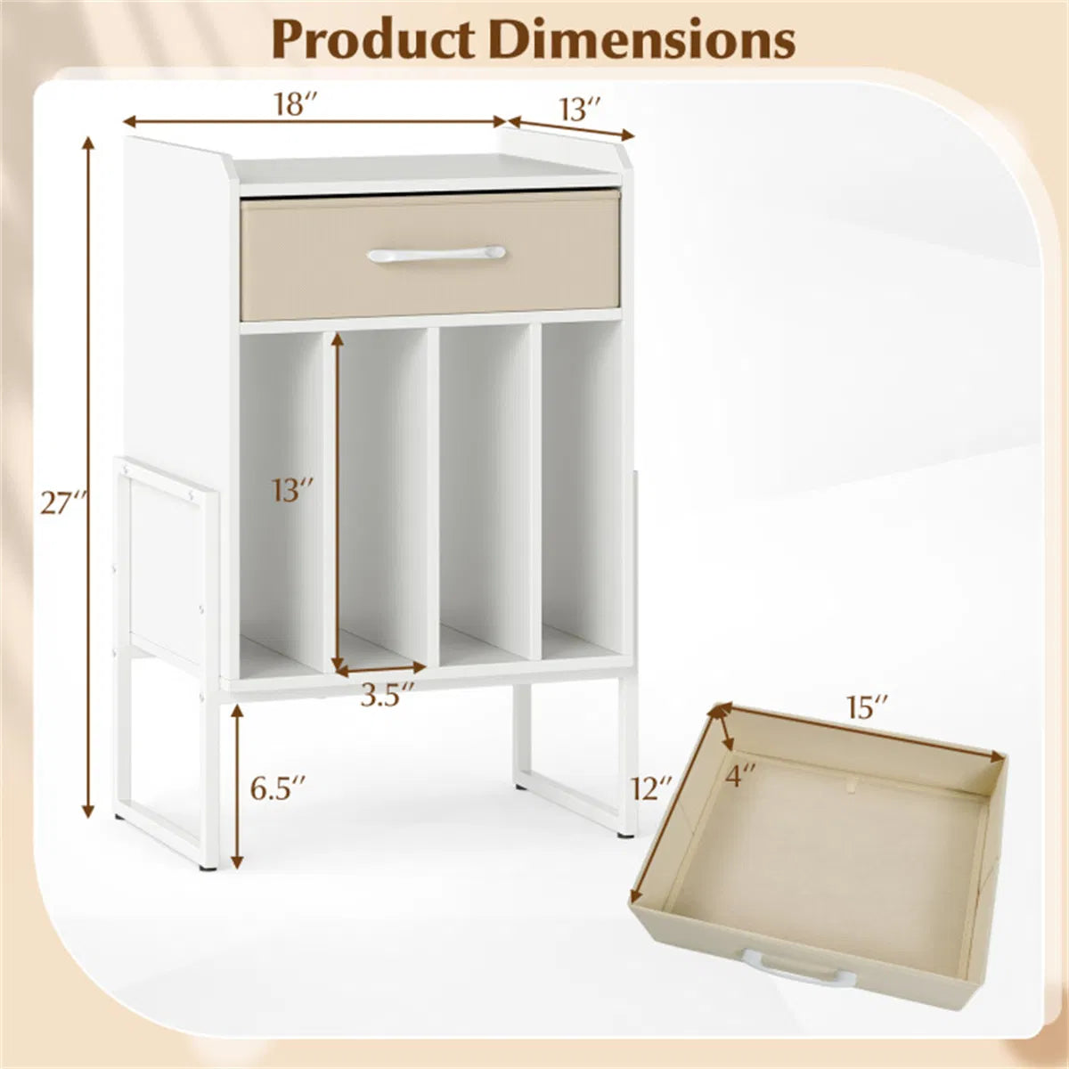 Record Player Stand with Vinyl Storage and Fabric Drawer – White