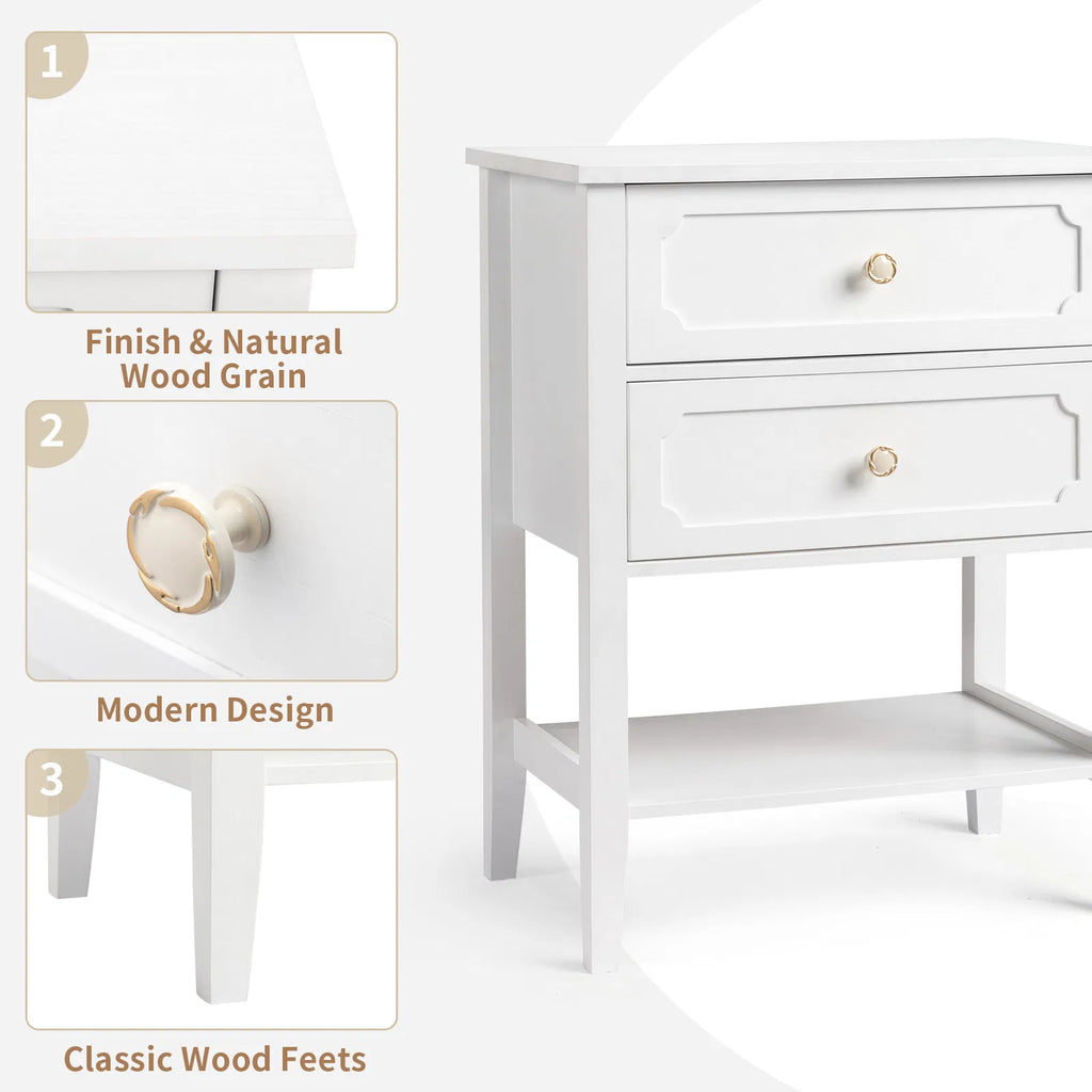 Solid Pine Wood Nightstand with 2 Drawers and Shelf, White