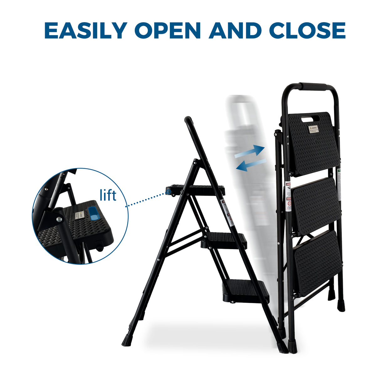 3 Step Ladder, Folding Steel Step Stool with Wide Anti-Slip Pedals – image 4