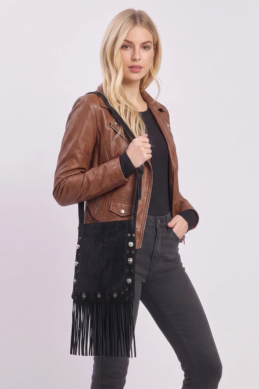 Faux Suede Fringe Crossbody Bag with Studs – image 8