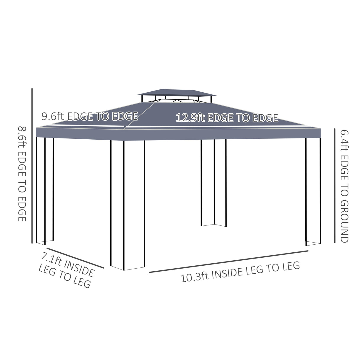 10 x 13 ft Patio Gazebo with Double Roof and Screen Netting, Gray – image 3