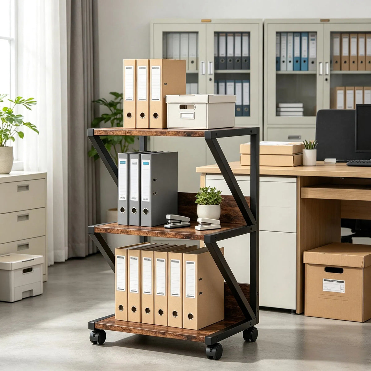 3-Tier Rolling Kitchen Storage Rack with Wood Shelves – image 8