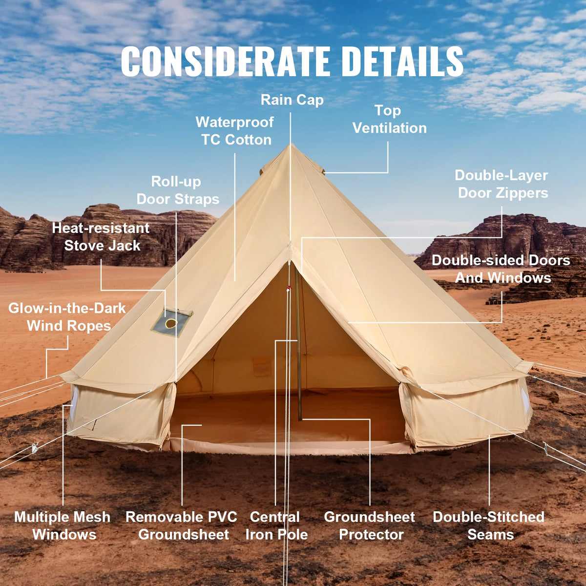 Canvas Bell Tent 16.4 ft, 4-Season Yurt Tent with Stove Jack – image 7