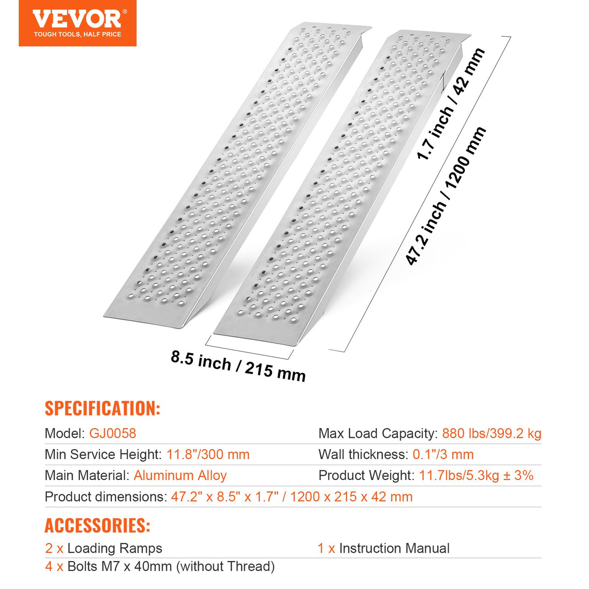 Aluminum Loading Ramps 47.2 x 8.5 in, 880 lb Capacity, 2 Pack – image 1